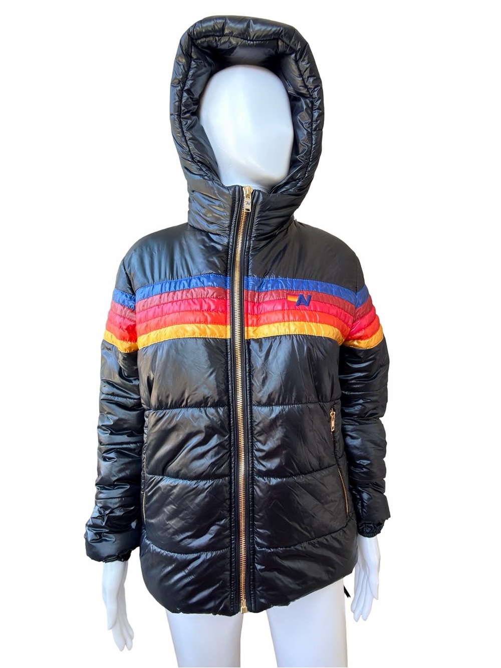 Aviator Nation 5 Stripe Luxe Puffer Jacket Glossy Black Hooded Size S